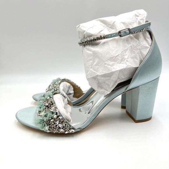 Badgley Mischka Size 9 Light Mist Blue Satin Jeweled Dress Sandals Heels Shoes - Picture 7 of 14